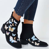 Round Toe Knitted Elastic Booties Pull on Block Heel Ankle Boots