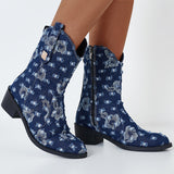 Denim Round Toe Chunky Heel Ankle Boots Western Cowboy Booties