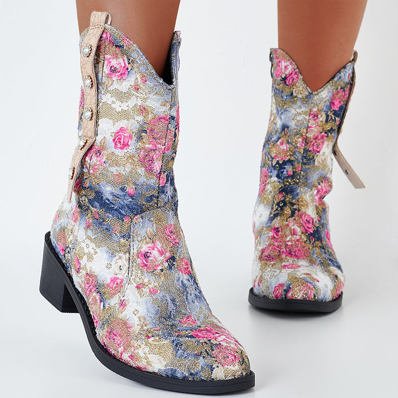 Floral Western Cowboy Booties Chunky Heel Cowgirl Boots