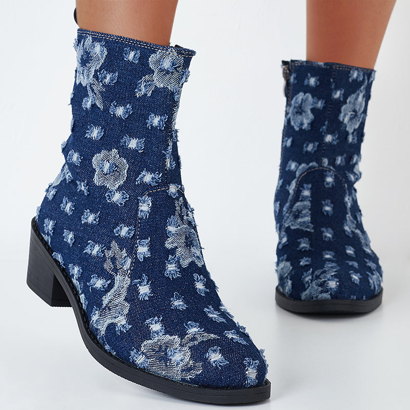 Denim Western Cowboy Boots Chunky Block Heel Ankle Boots Short Booties