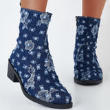 Denim Western Cowboy Boots Chunky Block Heel Ankle Boots Short Booties