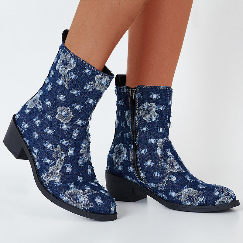 Denim Western Cowboy Boots Chunky Block Heel Ankle Boots Short Booties