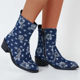 Denim Western Cowboy Boots Chunky Block Heel Ankle Boots Short Booties