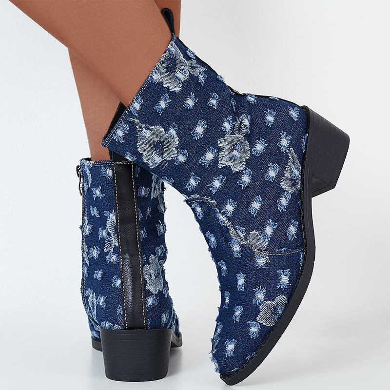 Denim Western Cowboy Boots Chunky Block Heel Ankle Boots Short Booties