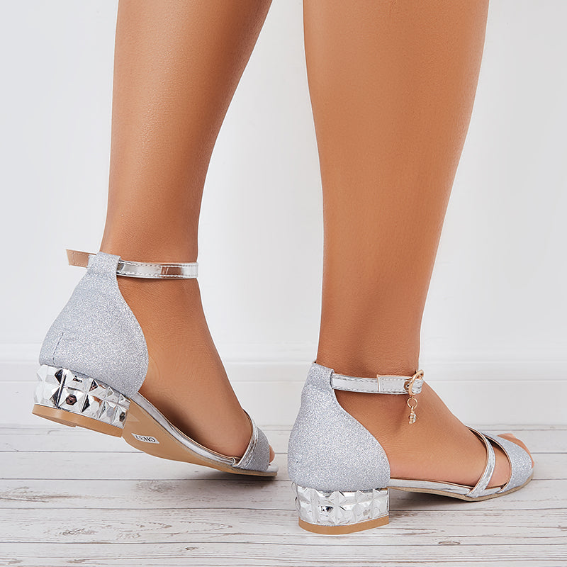 Shiny Block Heel Ankle Strap Sandals Open Toe Bridal Shoes