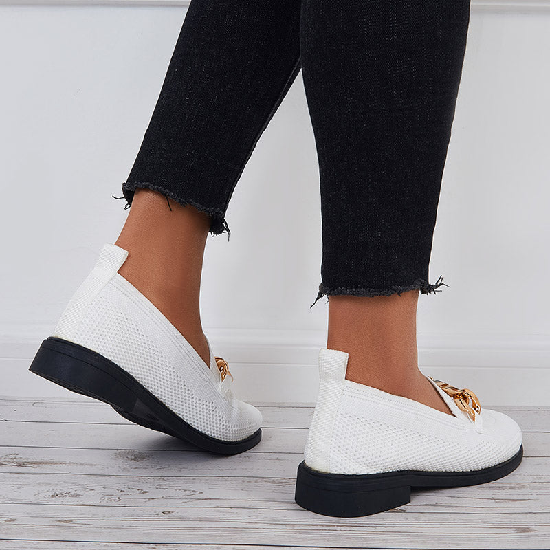 Women Chain Decor Knit Loafers Slip on Block Low Heel Shoes
