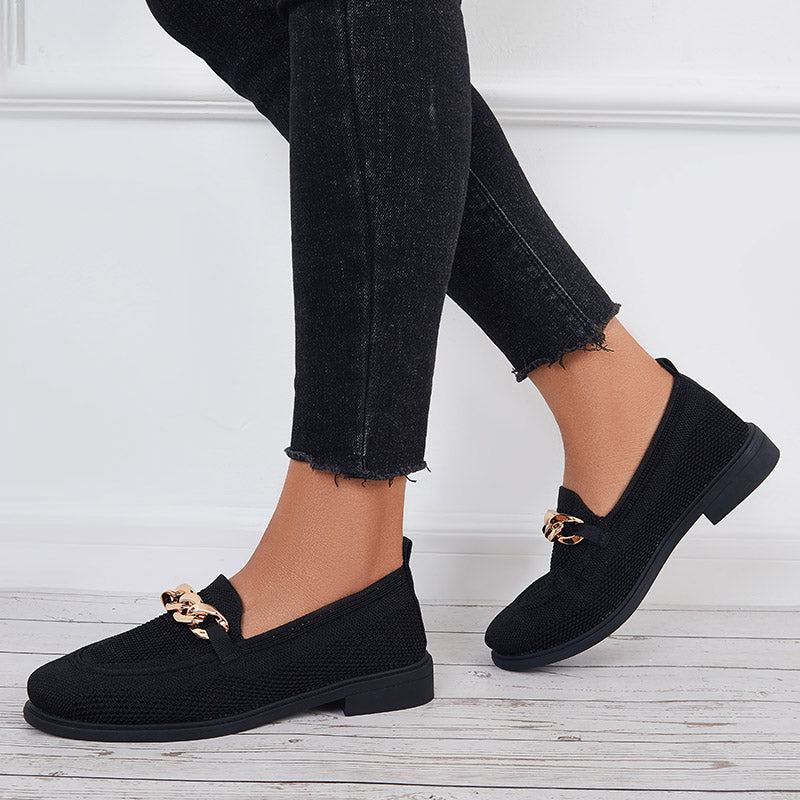 Women Chain Decor Knit Loafers Slip on Block Low Heel Shoes