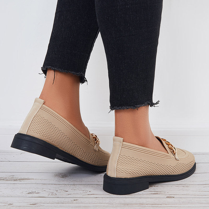 Women Chain Decor Knit Loafers Slip on Block Low Heel Shoes