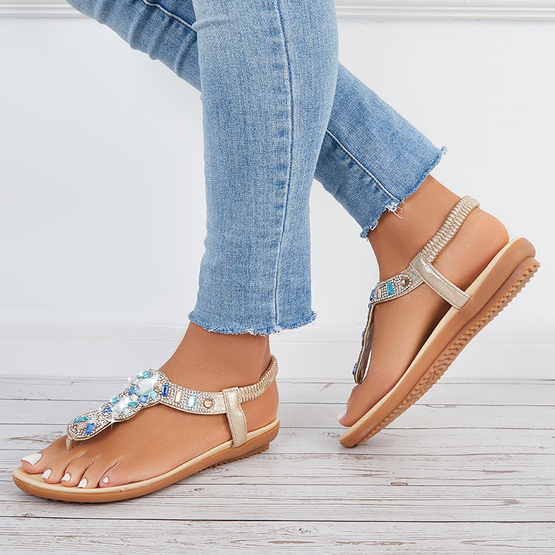 Rhinestone Flat Beach Shoes Boho Beaded Flip Flops Sandals