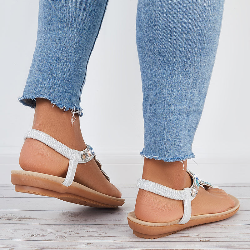 Rhinestone Flat Beach Shoes Boho Beaded Flip Flops Sandals