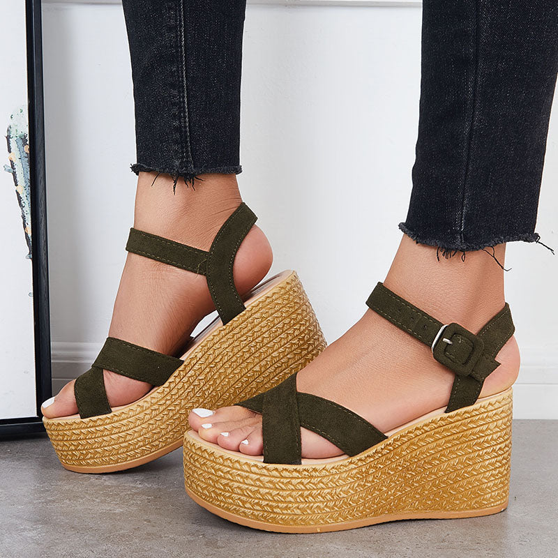 Criss Cross Platform Wedge Heel Sandals Open Toe Ankle Strap Shoes