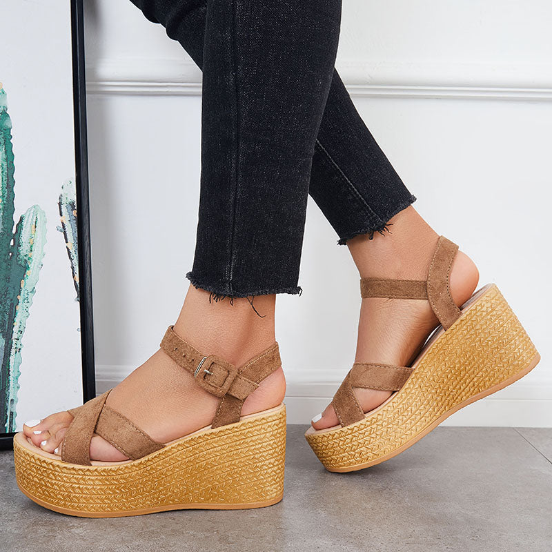 Criss Cross Platform Wedge Heel Sandals Open Toe Ankle Strap Shoes