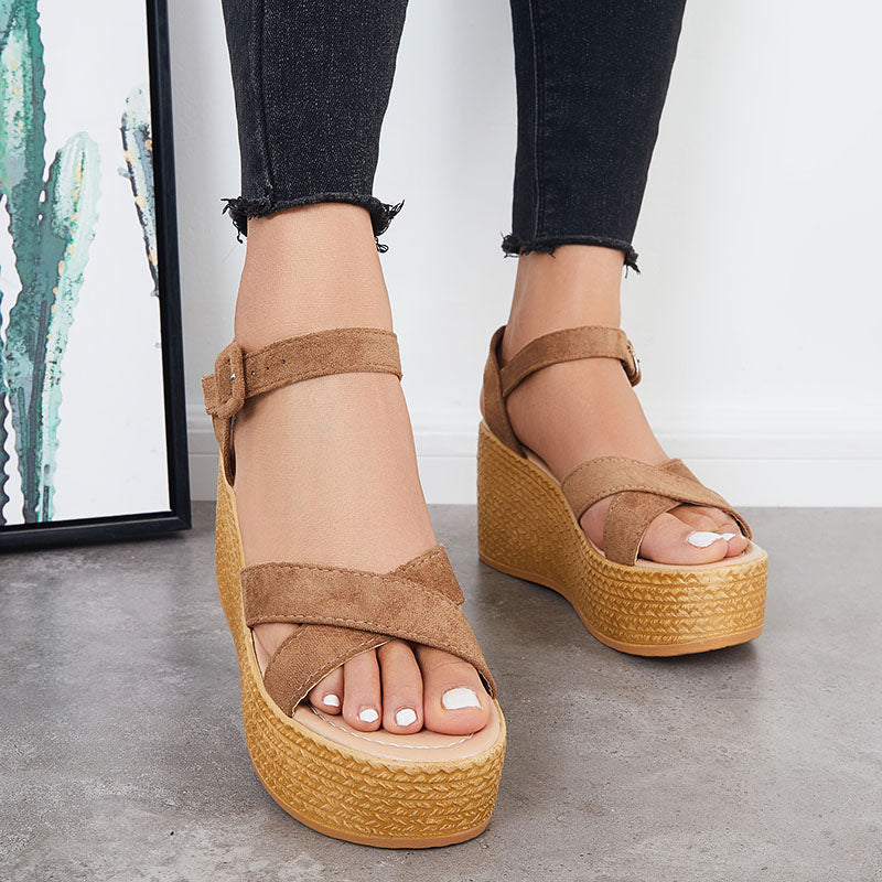 Criss Cross Platform Wedge Heel Sandals Open Toe Ankle Strap Shoes