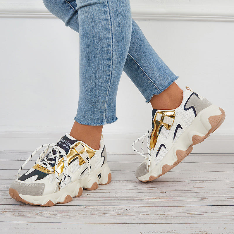 Mesh Chunky Sneakers Breathable Knit Lace Up Walking Shoes