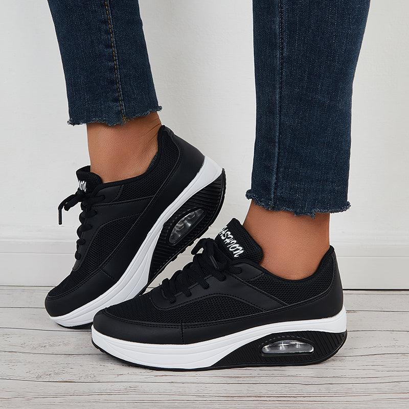 Women Air Cushion Mesh Sneakers Lace Up Platform Walking Shoes