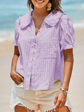 Womens Puff Sleeve Shirts Peter Pan Collar Button Down Cotton Blouse Casual Summer Textured Tops