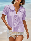 Womens Puff Sleeve Shirts Peter Pan Collar Button Down Cotton Blouse Casual Summer Textured Tops