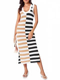 Womens Summer Striped Dress Sleeveless Knitted Contrast Color Side Slit Casual Maxi Beach Dress