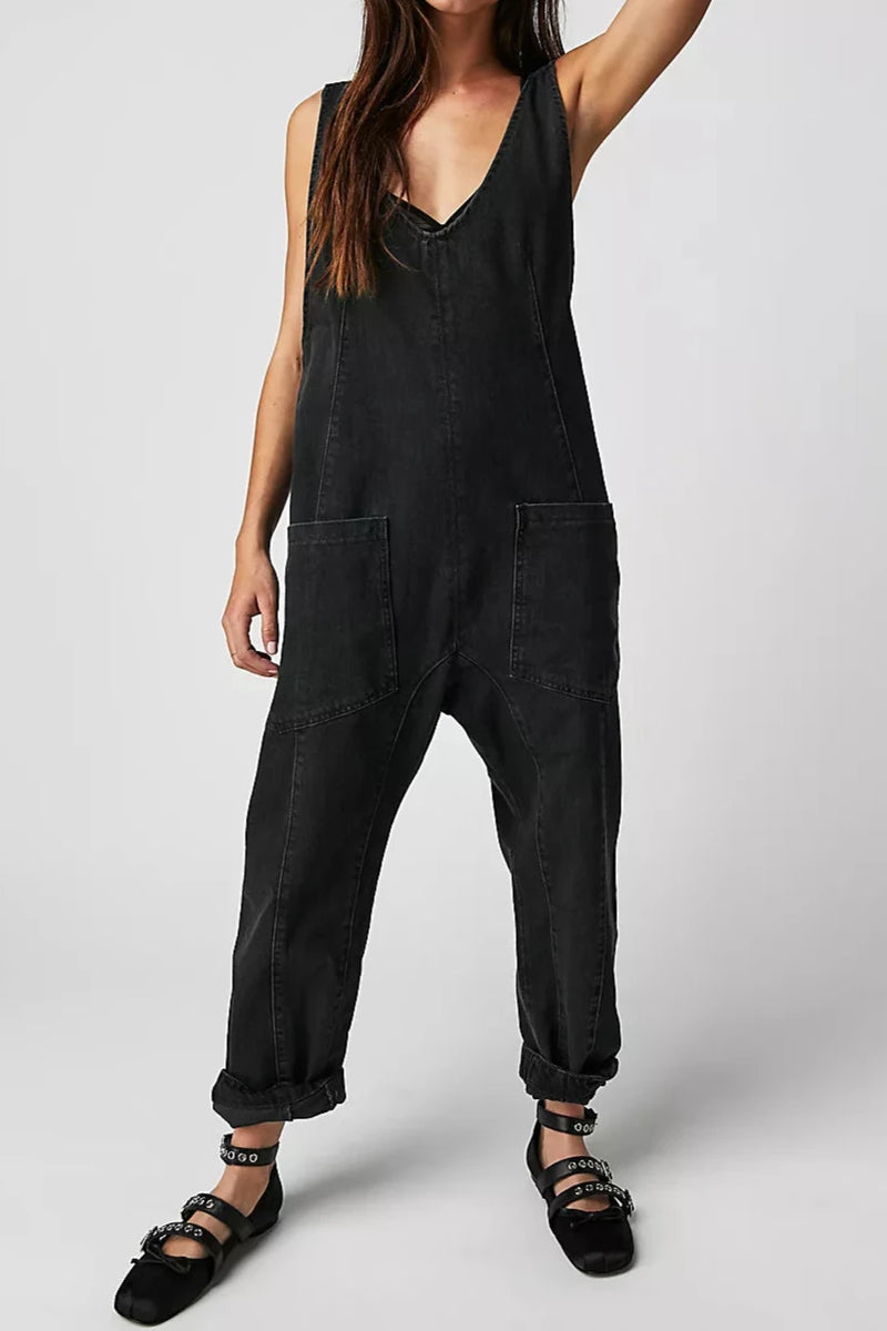 Women's V-Neck Casual Overalls Denim Jumpsuit With Pocket