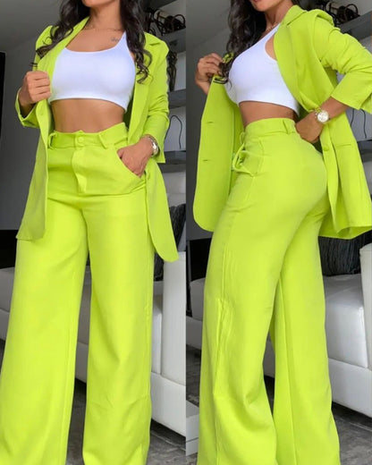 Women's Elegant Solid Color Split Sleeve Lapel Suit Pocket Straight Pants Sets