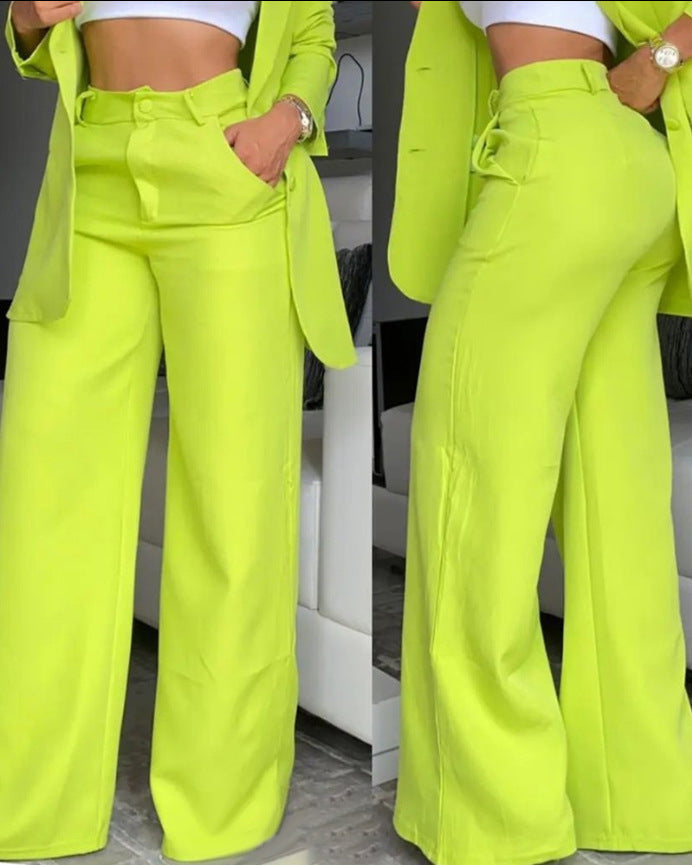 Women's Elegant Solid Color Split Sleeve Lapel Suit Pocket Straight Pants Sets