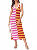 Womens Summer Striped Dress Sleeveless Knitted Contrast Color Side Slit Casual Maxi Beach Dress