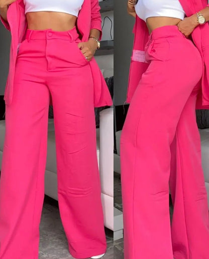 Women's Elegant Solid Color Split Sleeve Lapel Suit Pocket Straight Pants Sets