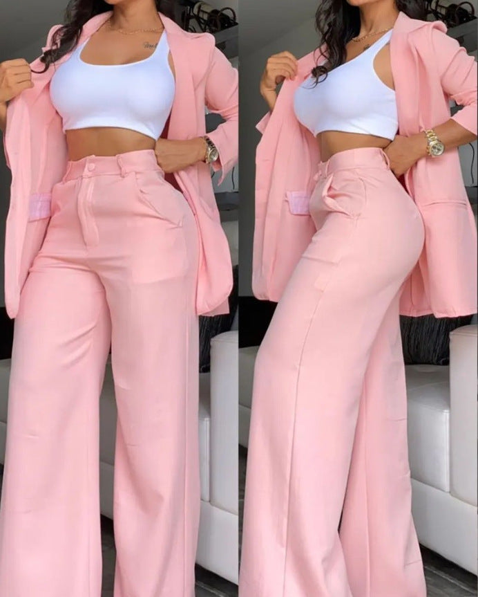 Women's Elegant Solid Color Split Sleeve Lapel Suit Pocket Straight Pants Sets