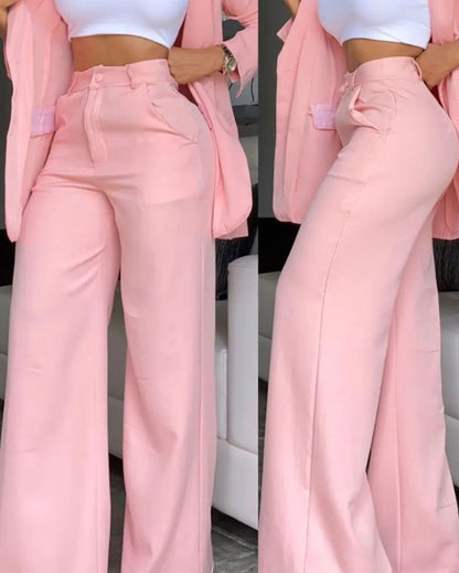 Women's Elegant Solid Color Split Sleeve Lapel Suit Pocket Straight Pants Sets