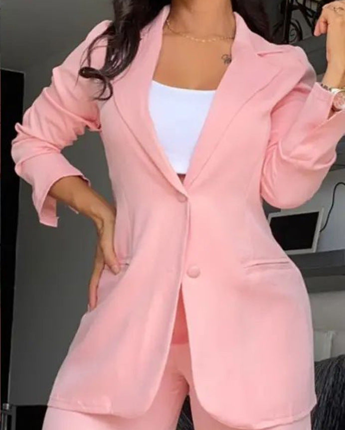 Women's Elegant Solid Color Split Sleeve Lapel Suit Pocket Straight Pants Sets