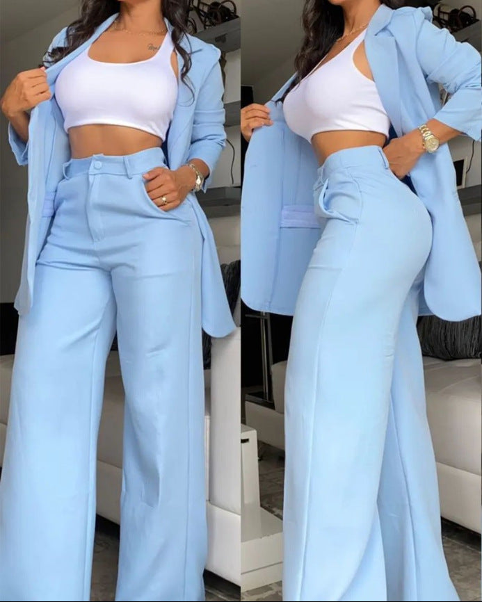 Women's Elegant Solid Color Split Sleeve Lapel Suit Pocket Straight Pants Sets