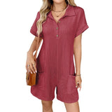 Women's Lapel Button Loose Pocket Short Sleeve Jumpsuits