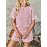 Women's Short-Sleeved Wavy Crew Neck Top Elastic Waist Shorts Two-piece Sets