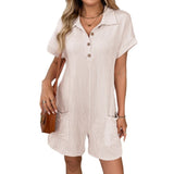 Women's Lapel Button Loose Pocket Short Sleeve Jumpsuits