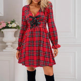 Christmas Women's Plaid A-Line Deep V-Neck Balloon Sleeves Bowknot Waistn Dress