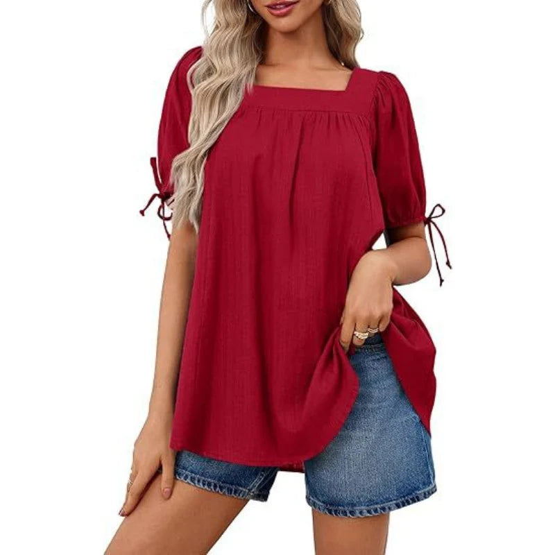 Womens Square Neck Babydoll Tops Summer Puff Short Sleeve Tunic Shirts Casual Loose Fit Blouse