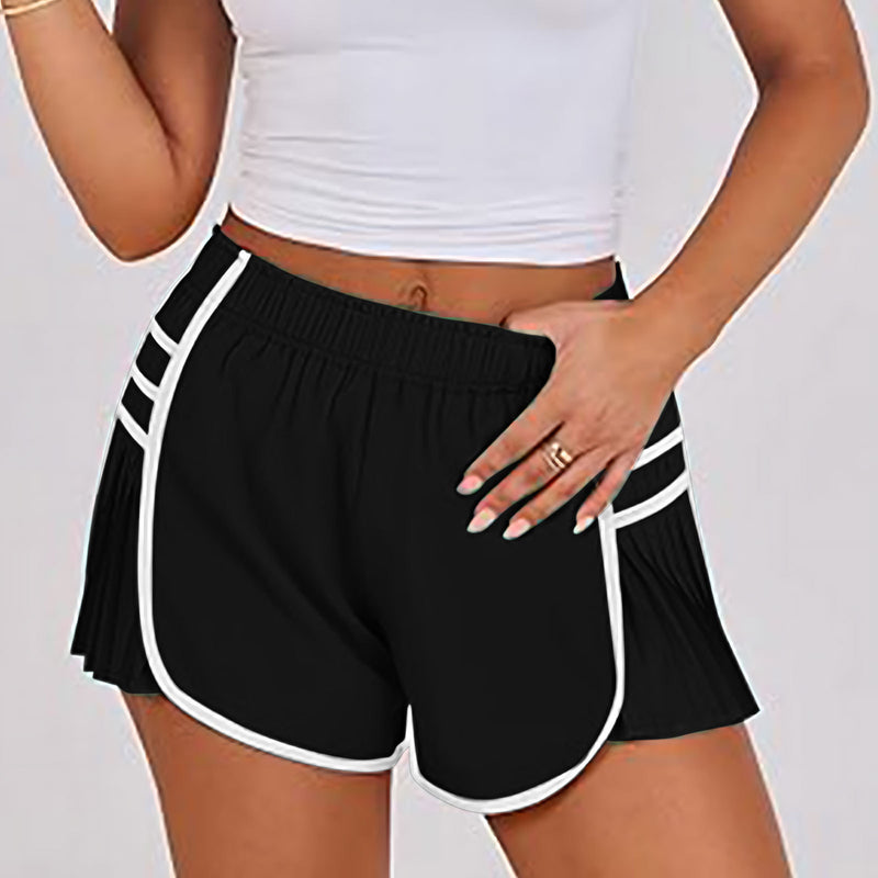 Womens Workout Gym Shorts Running Pleated Contrast Stitch Elastic Waist Athletic Quick Dry Shorts