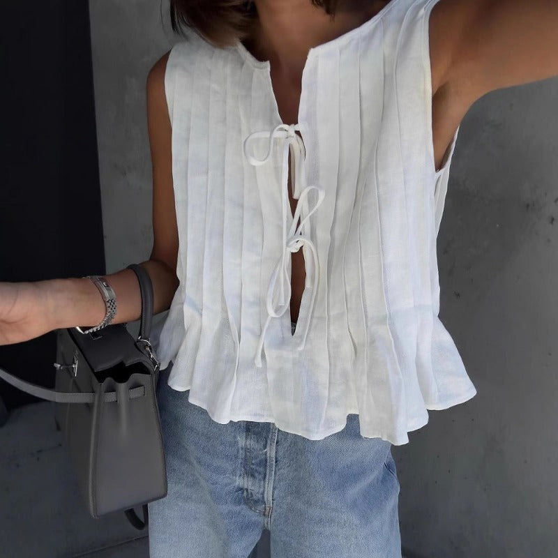Women's Solid Color Cotton And Linen Pleated Strap-On Shirt