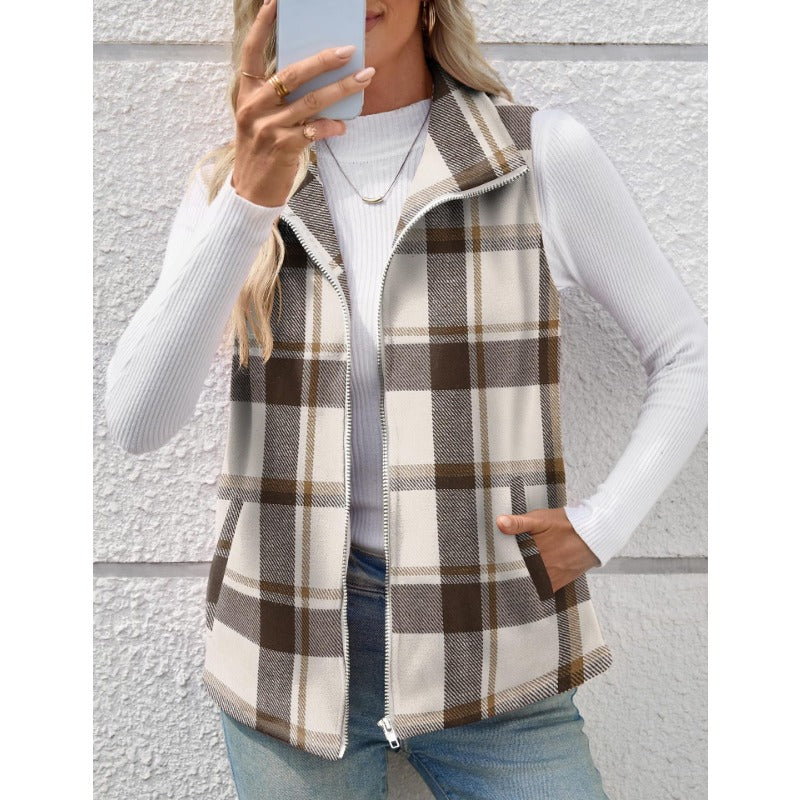 Women’s Christmas Fall/Winter Plaid Check Sleeveless Zipper Vest