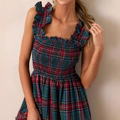 Women's Christmas Plaid Ruffle Casual Shirred Flared Sleeveless Tank Dress