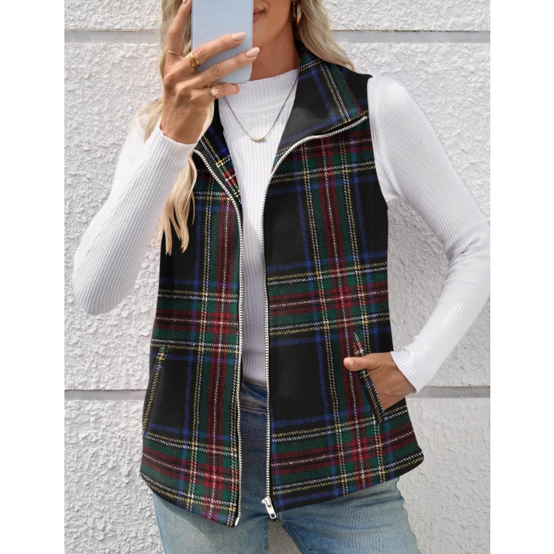 Women’s Christmas Fall/Winter Plaid Check Sleeveless Zipper Vest