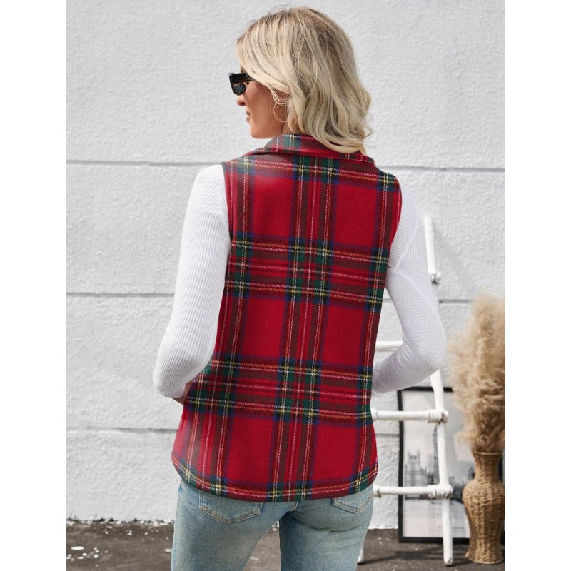 Women’s Christmas Fall/Winter Plaid Check Sleeveless Zipper Vest