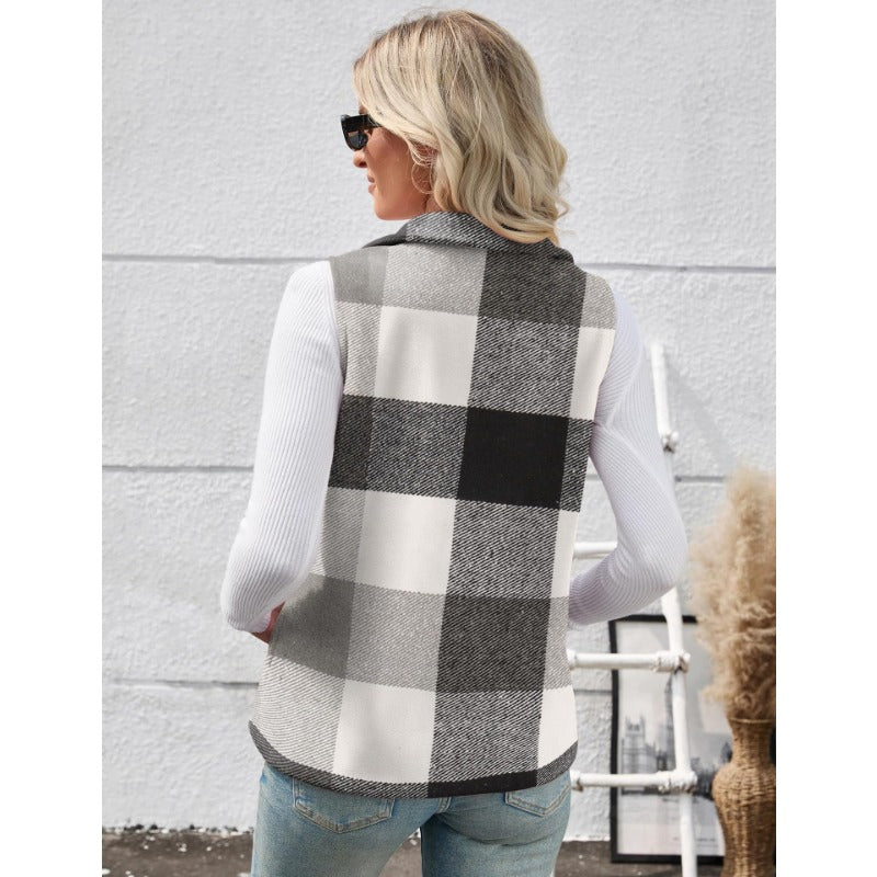 Women’s Christmas Fall/Winter Plaid Check Sleeveless Zipper Vest