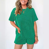 Women's Short-Sleeved Wavy Crew Neck Top Elastic Waist Shorts Two-piece Sets