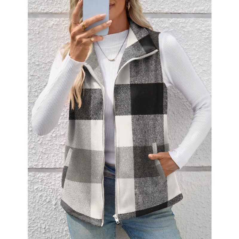Women’s Christmas Fall/Winter Plaid Check Sleeveless Zipper Vest