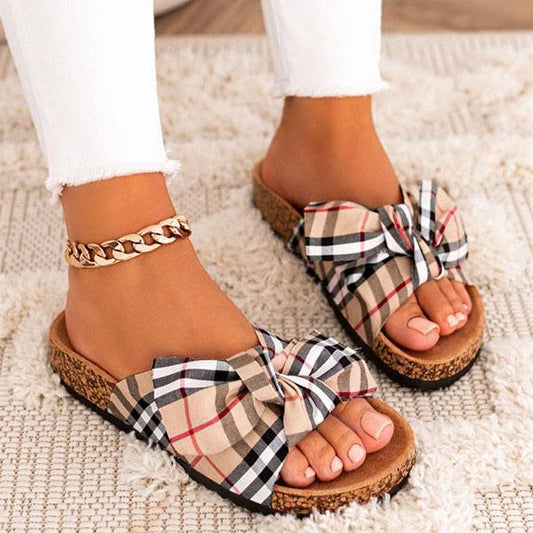 Kimemoda Womens Comfy Classic Plaid Bowtie Slides Slip On Sandals