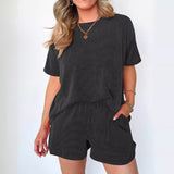 Women's Short-Sleeved Wavy Crew Neck Top Elastic Waist Shorts Two-piece Sets