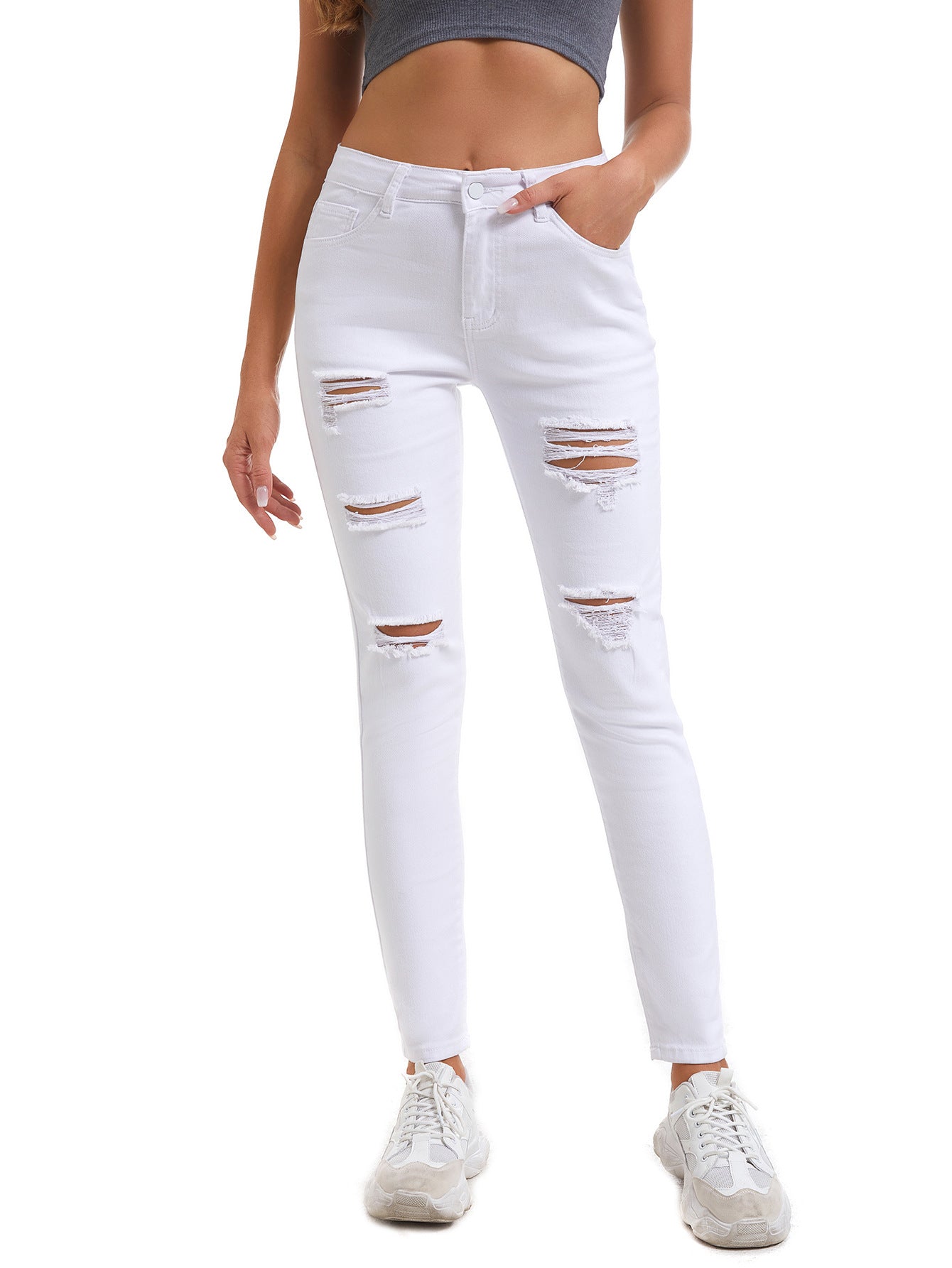 Women's  Casual High Waisted  Distressed Ripped Stretchy Jeans