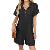 Women's Lapel Button Loose Pocket Short Sleeve Jumpsuits