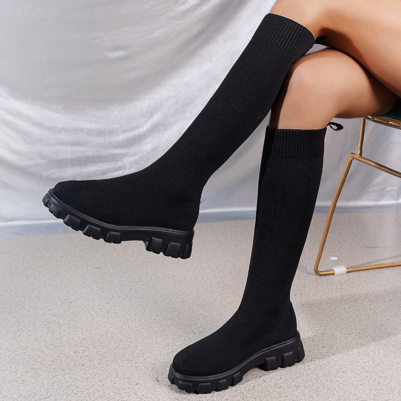 Women‘s New Styles Fashion Mid-Calf Stretch Fly-Knit Sock Martin Boots